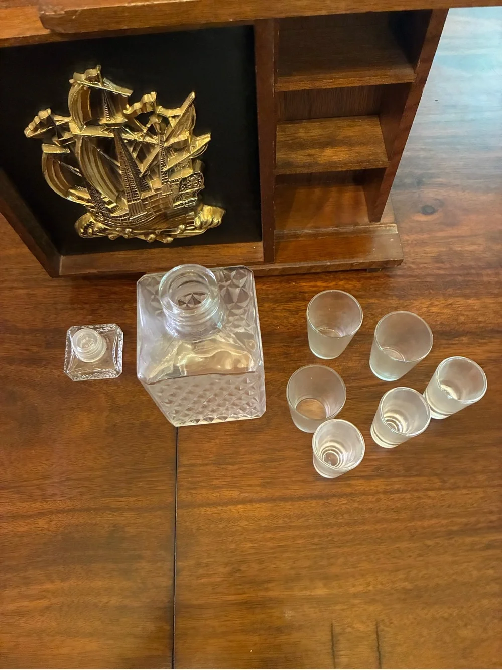 Pirate Speakeasy Brass Ship Hidden Decanter Shot Glasses